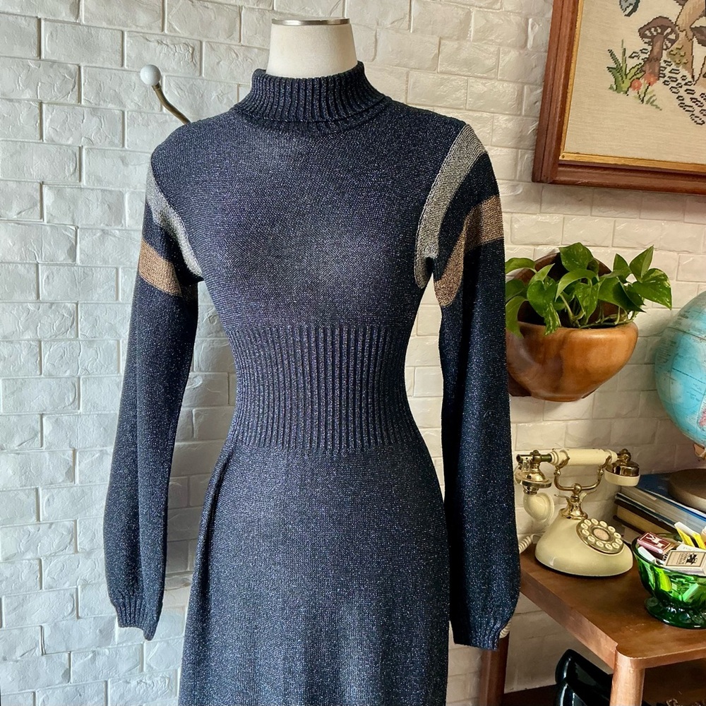 Vintage 1970s Wenjilli Long Sweater Dress Metallic Lurex Glitter Knit Gown - Picture 5 of 12